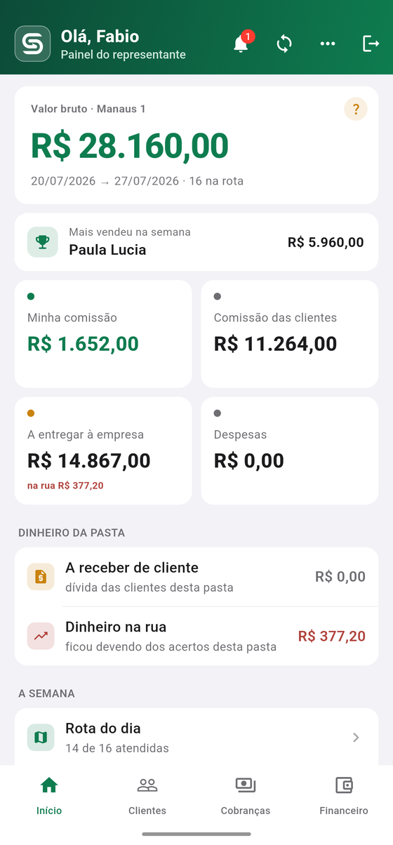 Tela inicial do app SincRota — o painel do representante